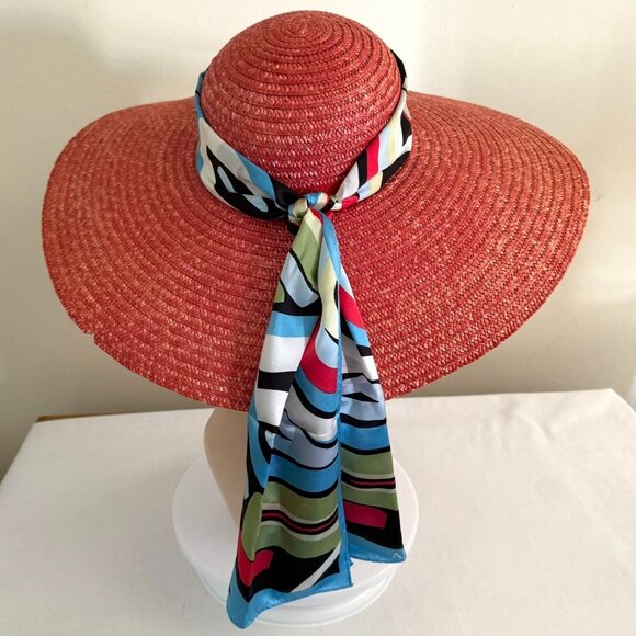 Wide Brim Straw Sun Hat With Anne Klein Multicolor Patterned Silk Scarf Accent - Picture 1 of 12
